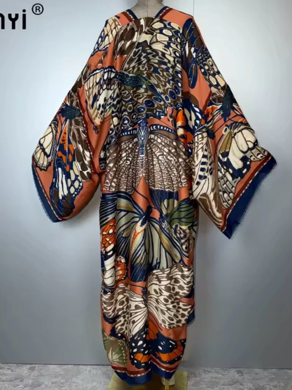 Bohemian Butterfly Print Long Kimono Robe - Orange & Blue